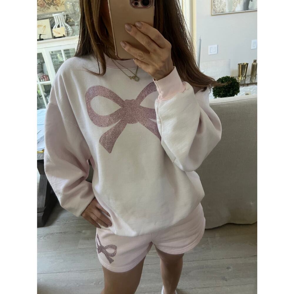 Yvette Mandell LoveShackFancy Pink Rhinestone Bow Oversized‎ Sweatshirt Medium